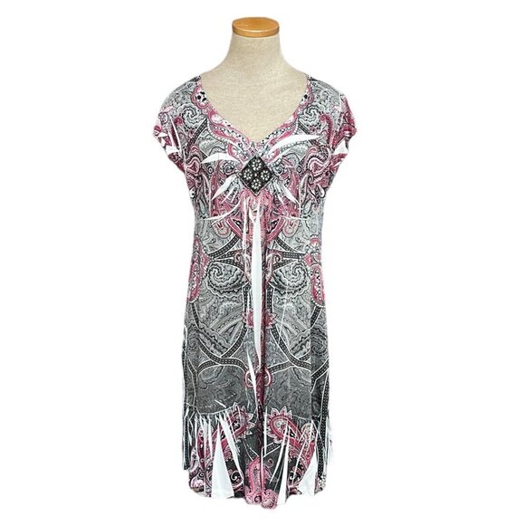 Unity Travel Para Dress NWT Paisley Beaded Short Sleeve Pink Black Size Large L - Picture 1 of 16
